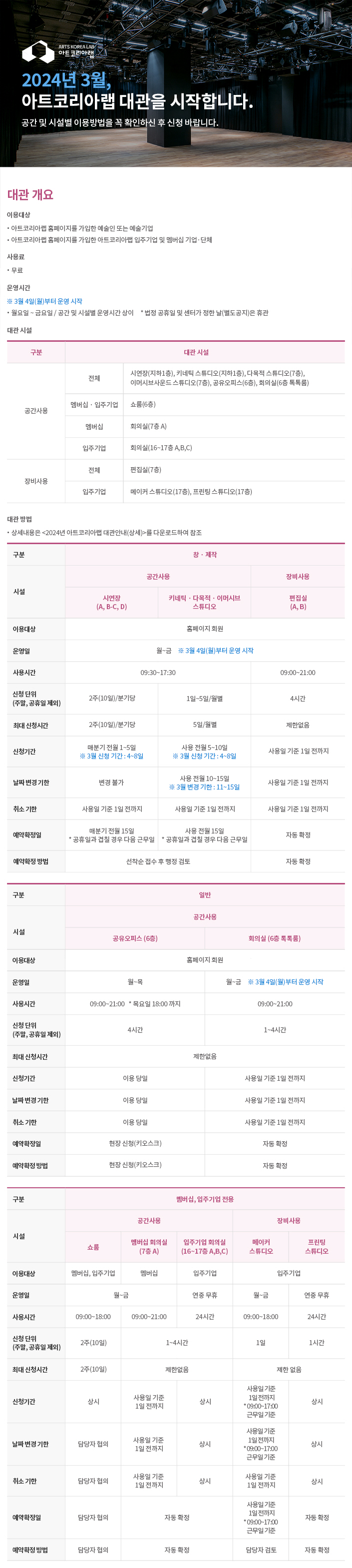 2024년 3월 아트코리아랩 대관 안내